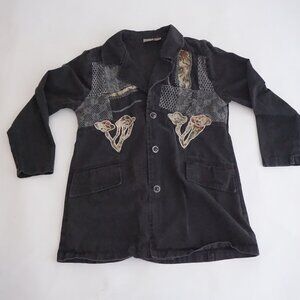 Vintage Styleworks Black Patchwork Applique Button Cotton Cardigan Jacket 16